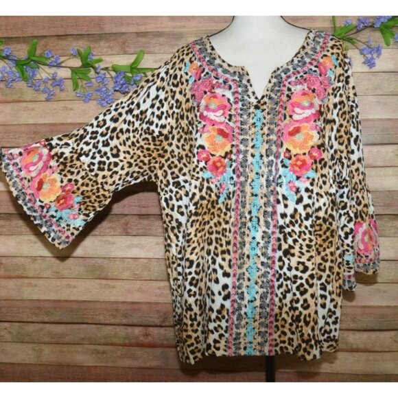 Savanna Jane Cheetah Print 3/4 Bell Sleeve Embroidered Floral Blouse Top Size 3X - Picture 5 of 12